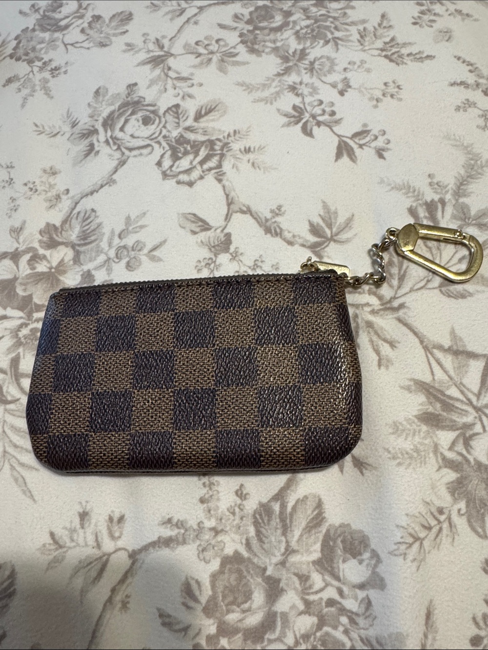 Daisy Rose Brown Checkered Key Pouch with Gold-Tone Chain